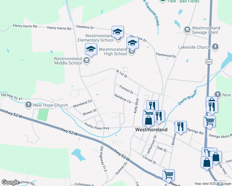 map of restaurants, bars, coffee shops, grocery stores, and more near 1119 Rainbow Circle in Westmoreland