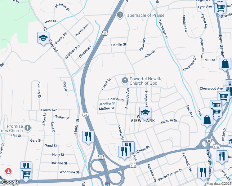 map of restaurants, bars, coffee shops, grocery stores, and more near 1208 Camelia Avenue in Kingsport