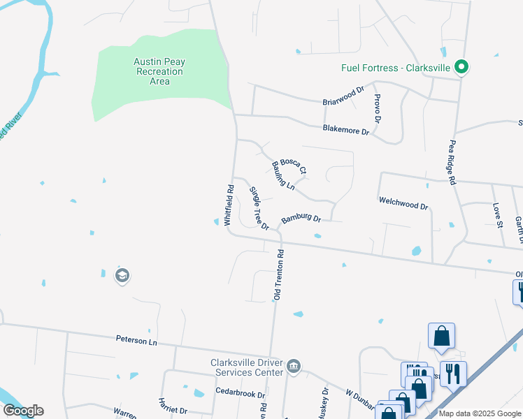 map of restaurants, bars, coffee shops, grocery stores, and more near 2115 Single Tree Drive in Clarksville