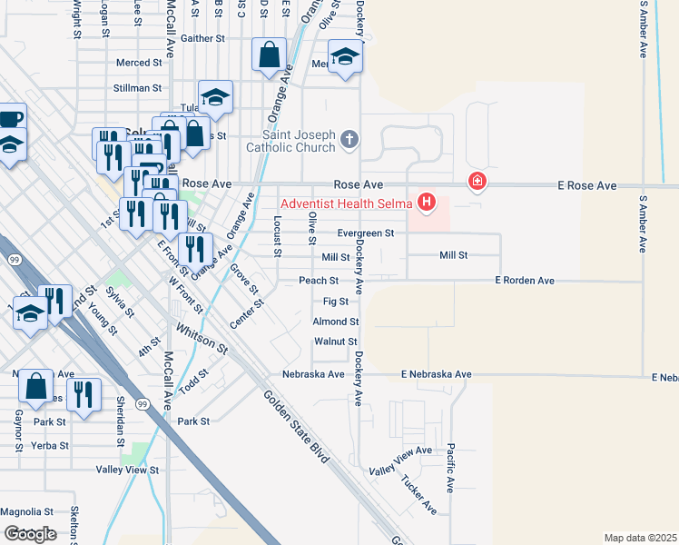 map of restaurants, bars, coffee shops, grocery stores, and more near 1320 Peach Street in Selma