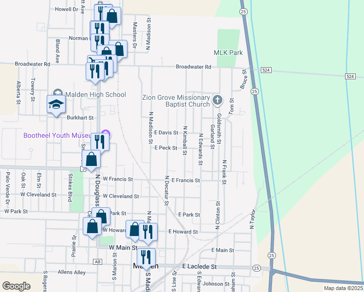 map of restaurants, bars, coffee shops, grocery stores, and more near 204 East Peck Street in Malden