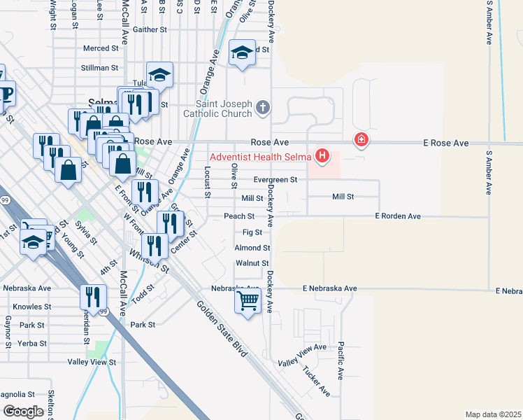 map of restaurants, bars, coffee shops, grocery stores, and more near 1320 Peach Street in Selma