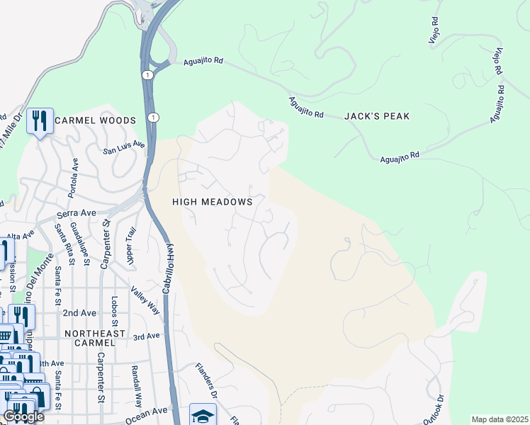 map of restaurants, bars, coffee shops, grocery stores, and more near 24525 Outlook Drive in Carmel-by-the-Sea