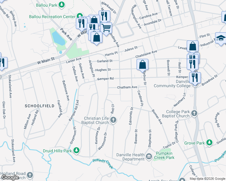 map of restaurants, bars, coffee shops, grocery stores, and more near 514 Bell Drive in Danville