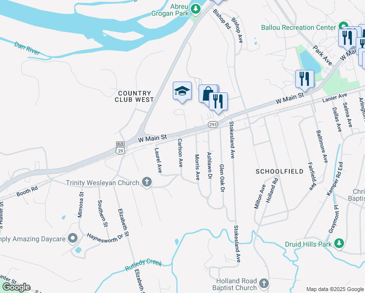 map of restaurants, bars, coffee shops, grocery stores, and more near 29 Carlson Avenue in Danville