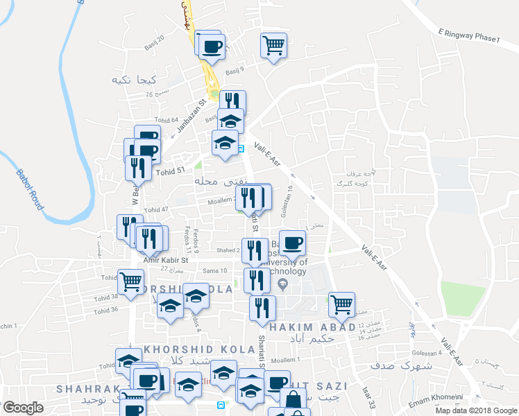 map of restaurants, bars, coffee shops, grocery stores, and more near Shariati Street in Babol