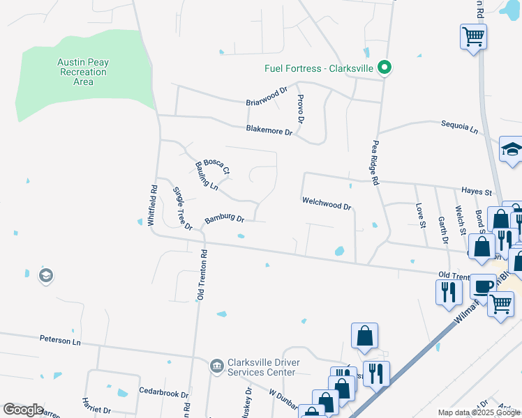 map of restaurants, bars, coffee shops, grocery stores, and more near 2125 Amadeus Drive in Clarksville