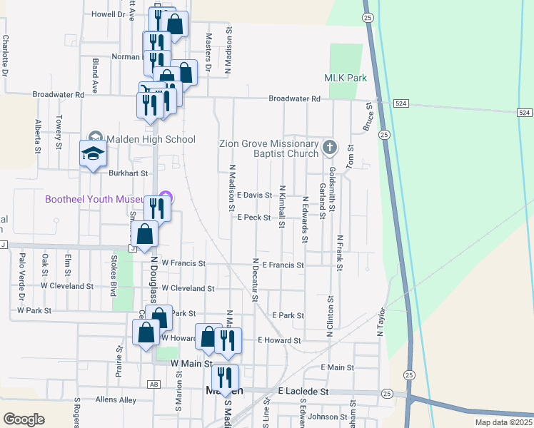 map of restaurants, bars, coffee shops, grocery stores, and more near 204 East Peck Street in Malden