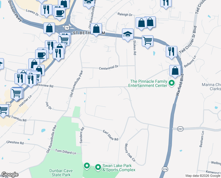 map of restaurants, bars, coffee shops, grocery stores, and more near 250 Rossview Road in Clarksville