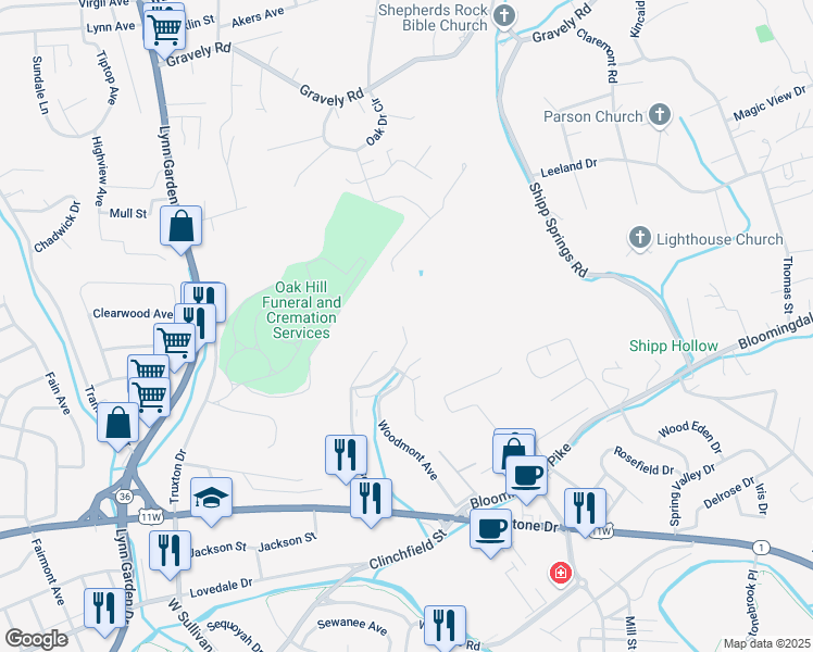 map of restaurants, bars, coffee shops, grocery stores, and more near 857 Cobblestone Place in Kingsport