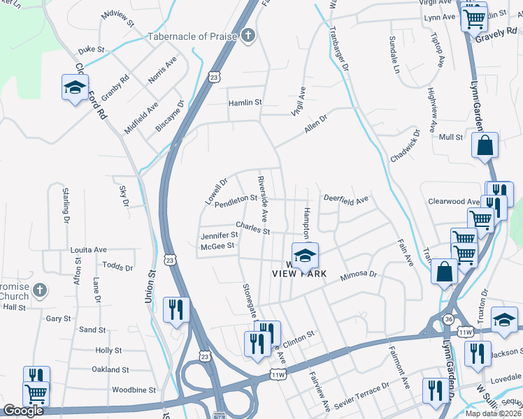 map of restaurants, bars, coffee shops, grocery stores, and more near 1228 Riverside Avenue in Kingsport