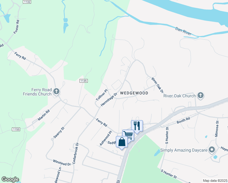map of restaurants, bars, coffee shops, grocery stores, and more near 335 Wimbish Drive in Danville