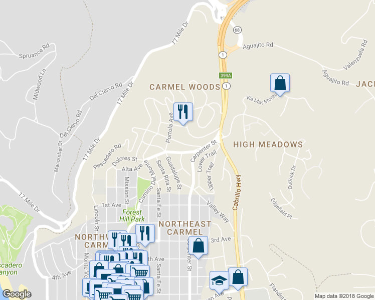 map of restaurants, bars, coffee shops, grocery stores, and more near 3259 Serra Avenue in Carmel