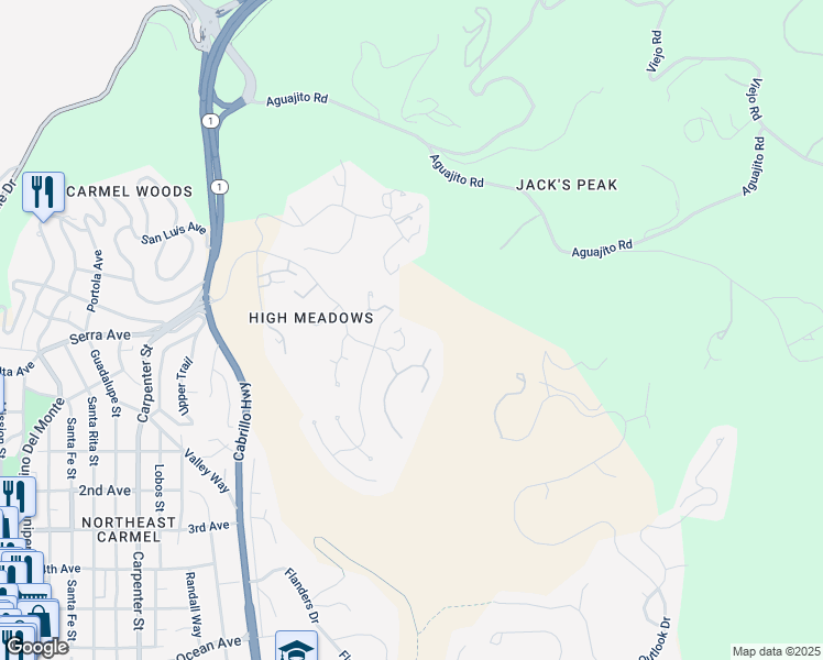 map of restaurants, bars, coffee shops, grocery stores, and more near 24525 Outlook Drive in Carmel-by-the-Sea