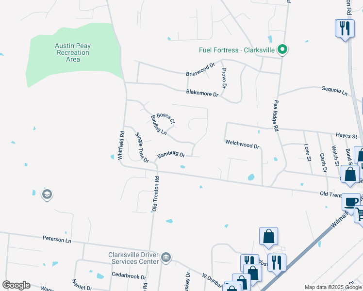 map of restaurants, bars, coffee shops, grocery stores, and more near 2144 Bauling Lane in Clarksville