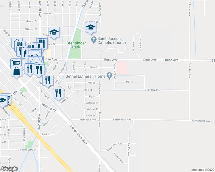 map of restaurants, bars, coffee shops, grocery stores, and more near 1250 Rorden Avenue in Selma