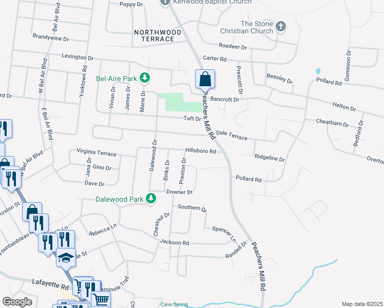 map of restaurants, bars, coffee shops, grocery stores, and more near 55 Hillsboro Road in Clarksville