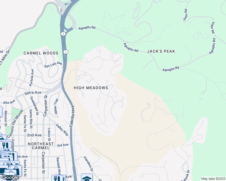map of restaurants, bars, coffee shops, grocery stores, and more near 24525 Outlook Drive in Carmel-by-the-Sea
