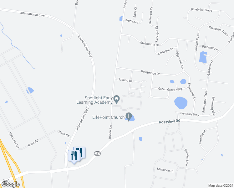 map of restaurants, bars, coffee shops, grocery stores, and more near 2495 Rollow Lane in Clarksville
