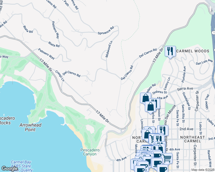 map of restaurants, bars, coffee shops, grocery stores, and more near 3163 Del Ciervo Road in Del Monte Forest