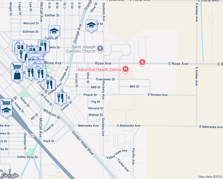 map of restaurants, bars, coffee shops, grocery stores, and more near 1250 Rorden Avenue in Selma