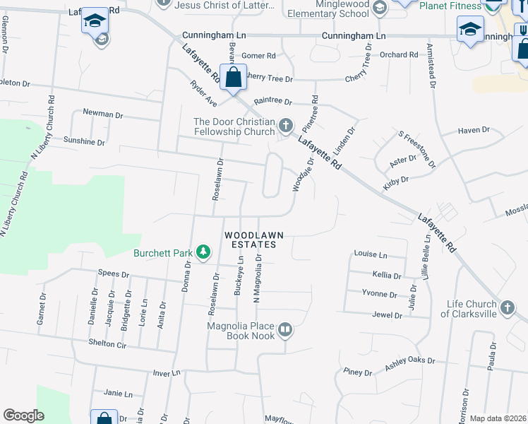 map of restaurants, bars, coffee shops, grocery stores, and more near 340 Woodale Drive in Clarksville