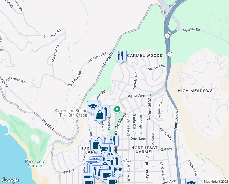 map of restaurants, bars, coffee shops, grocery stores, and more near 24584 Castro Lane in Carmel-by-the-Sea