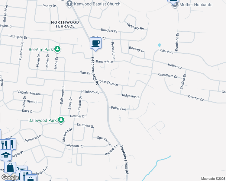 map of restaurants, bars, coffee shops, grocery stores, and more near 312 Ridgeline Drive in Clarksville