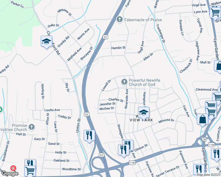 map of restaurants, bars, coffee shops, grocery stores, and more near 1208 Camelia Avenue in Kingsport