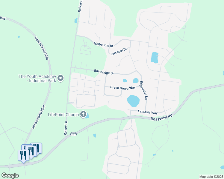 map of restaurants, bars, coffee shops, grocery stores, and more near 1512 Green Grove Way in Clarksville