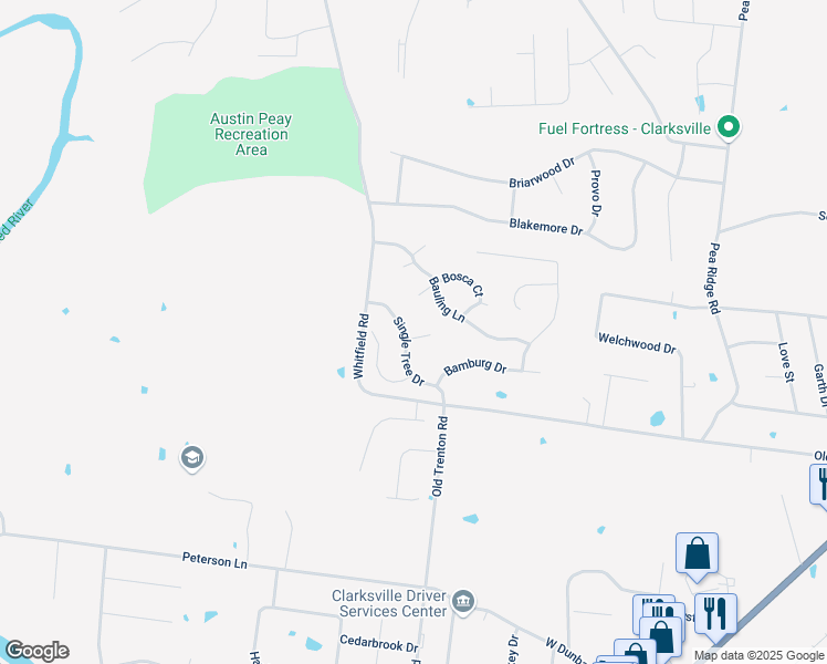 map of restaurants, bars, coffee shops, grocery stores, and more near 2115 Single Tree Drive in Clarksville