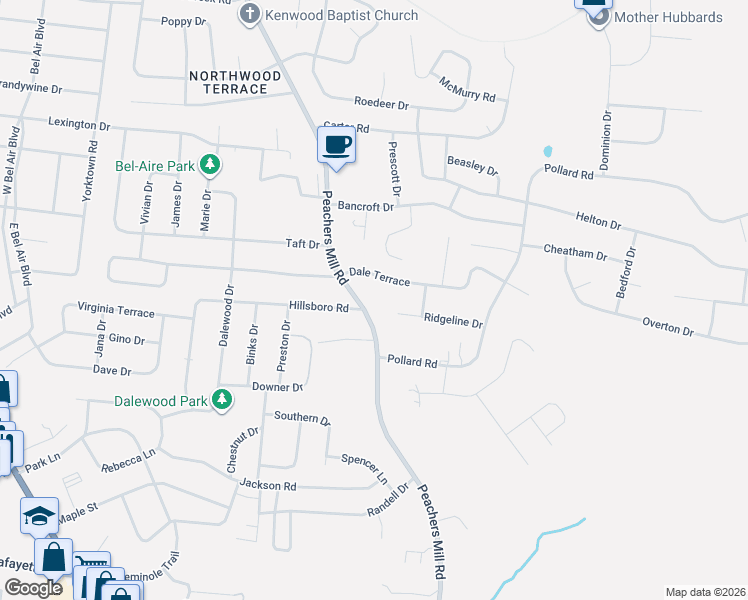 map of restaurants, bars, coffee shops, grocery stores, and more near 713 Peachers Mill Road in Clarksville