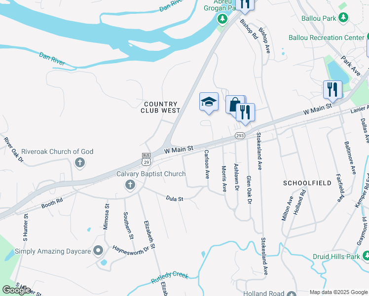 map of restaurants, bars, coffee shops, grocery stores, and more near 1400 West Main Street in Danville