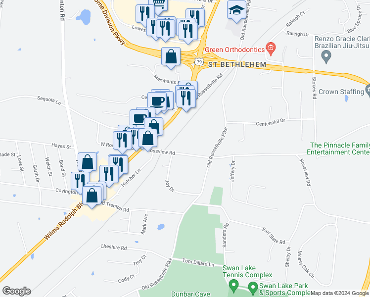 map of restaurants, bars, coffee shops, grocery stores, and more near 161 Rossview Road in Clarksville
