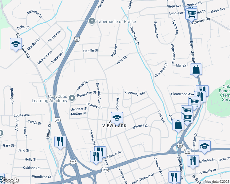 map of restaurants, bars, coffee shops, grocery stores, and more near 1318 Hillmont Drive in Kingsport
