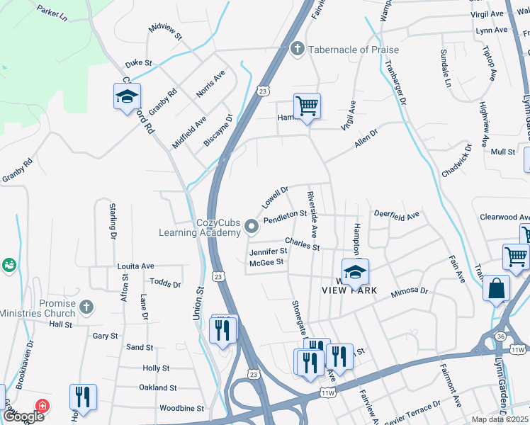 map of restaurants, bars, coffee shops, grocery stores, and more near 1729 Pendleton Street in Kingsport