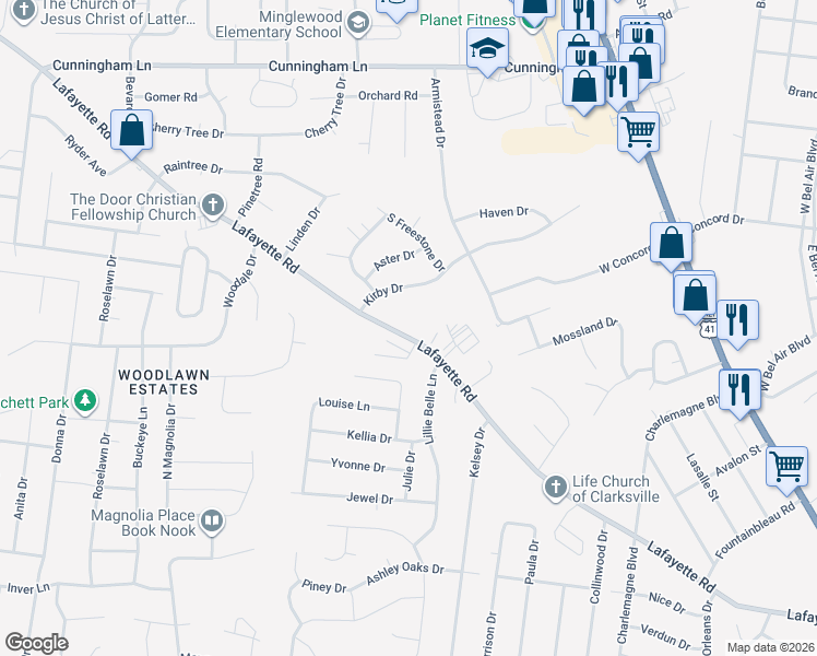 map of restaurants, bars, coffee shops, grocery stores, and more near 542 Lafayette Road in Clarksville