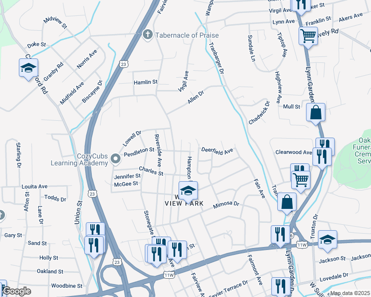 map of restaurants, bars, coffee shops, grocery stores, and more near 1318 Hillmont Drive in Kingsport