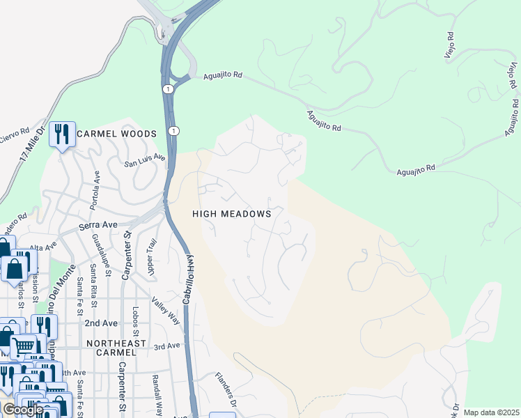 map of restaurants, bars, coffee shops, grocery stores, and more near 24520 Outlook Drive in Carmel-by-the-Sea