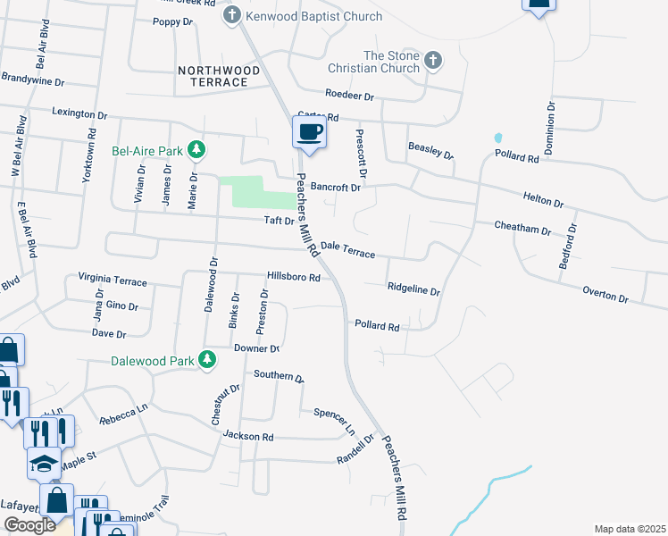 map of restaurants, bars, coffee shops, grocery stores, and more near 723 Peachers Mill Road in Clarksville