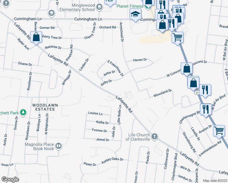 map of restaurants, bars, coffee shops, grocery stores, and more near 535 Lafayette Road in Clarksville