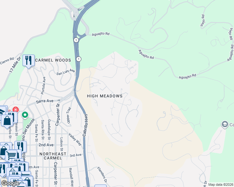 map of restaurants, bars, coffee shops, grocery stores, and more near 3920 Vía Mar Monte in Carmel-by-the-Sea