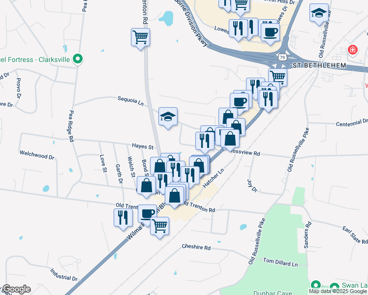 map of restaurants, bars, coffee shops, grocery stores, and more near 145 West Rossview Road in Clarksville