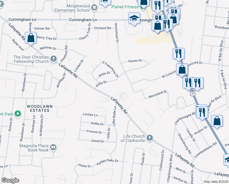 map of restaurants, bars, coffee shops, grocery stores, and more near 214 Kirby Drive in Clarksville