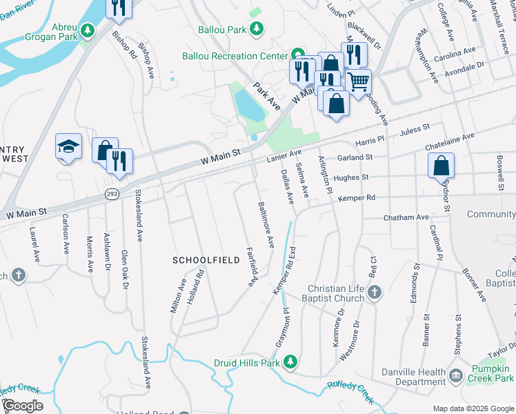 map of restaurants, bars, coffee shops, grocery stores, and more near 35 Baltimore Avenue in Danville