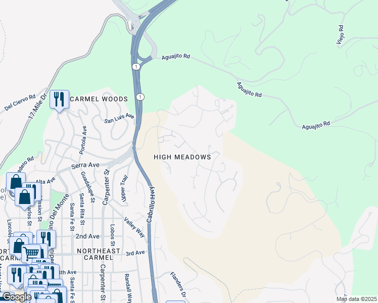 map of restaurants, bars, coffee shops, grocery stores, and more near 95 High Meadow Lane in Carmel-by-the-Sea