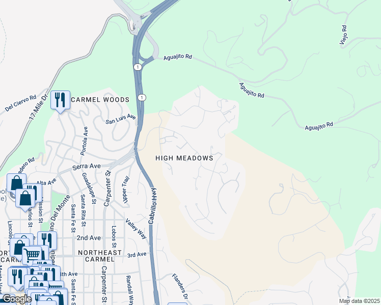 map of restaurants, bars, coffee shops, grocery stores, and more near 95 High Meadow Lane in Carmel-by-the-Sea