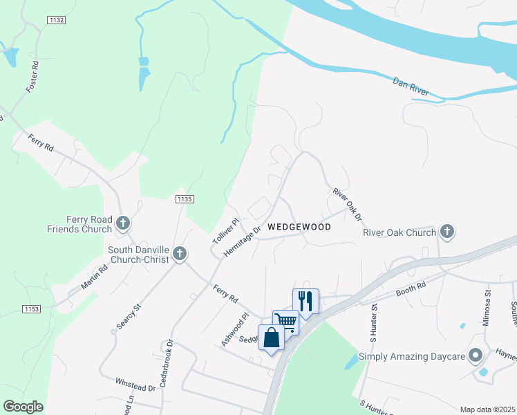 map of restaurants, bars, coffee shops, grocery stores, and more near 309 Wimbish Drive in Danville