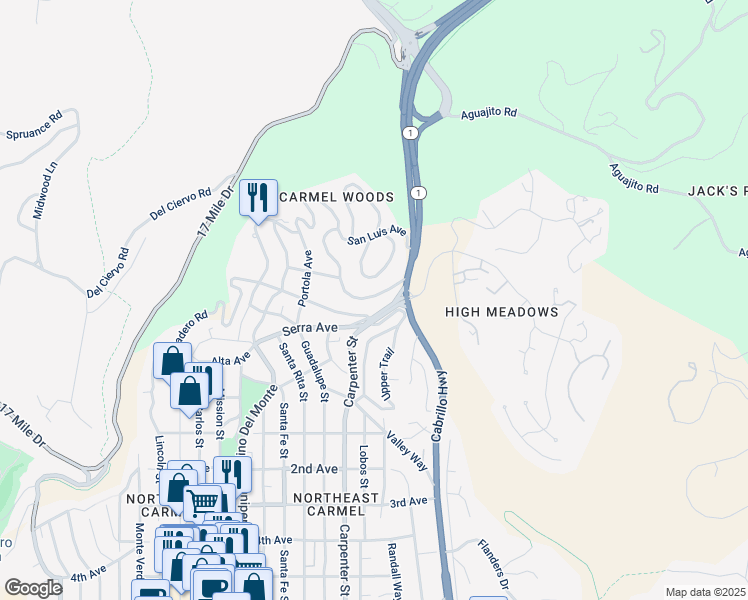 map of restaurants, bars, coffee shops, grocery stores, and more near 24500 South San Luis Avenue in Carmel-by-the-Sea
