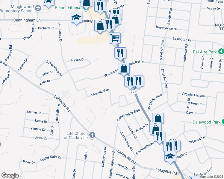 map of restaurants, bars, coffee shops, grocery stores, and more near 111 Mossland Drive in Clarksville